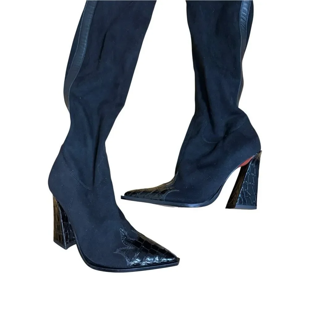 NEW SONORA Over Knee Pasilla Croc-Detail Black Boots 39 US 8 Black Italy $1403
